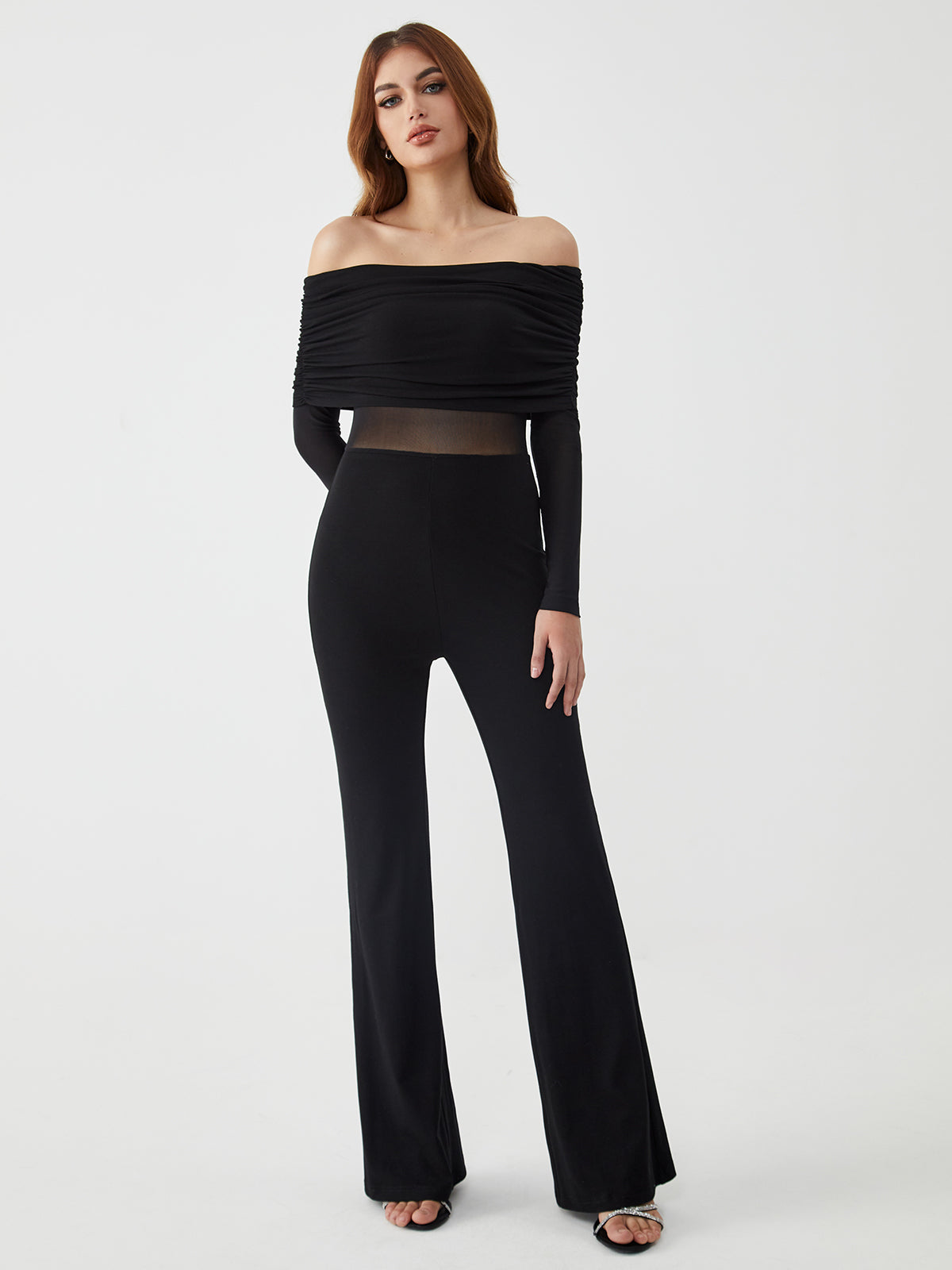 Off-shoulder jumpsuit med lange ærmer i mesh