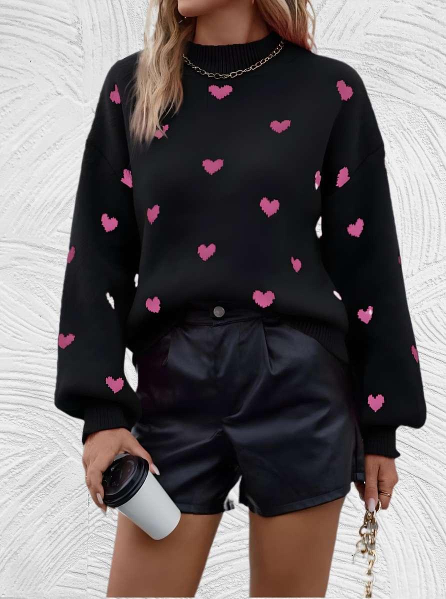 Heart- Oversized trui met ronde hals en hartjesprint - Miller-Mode