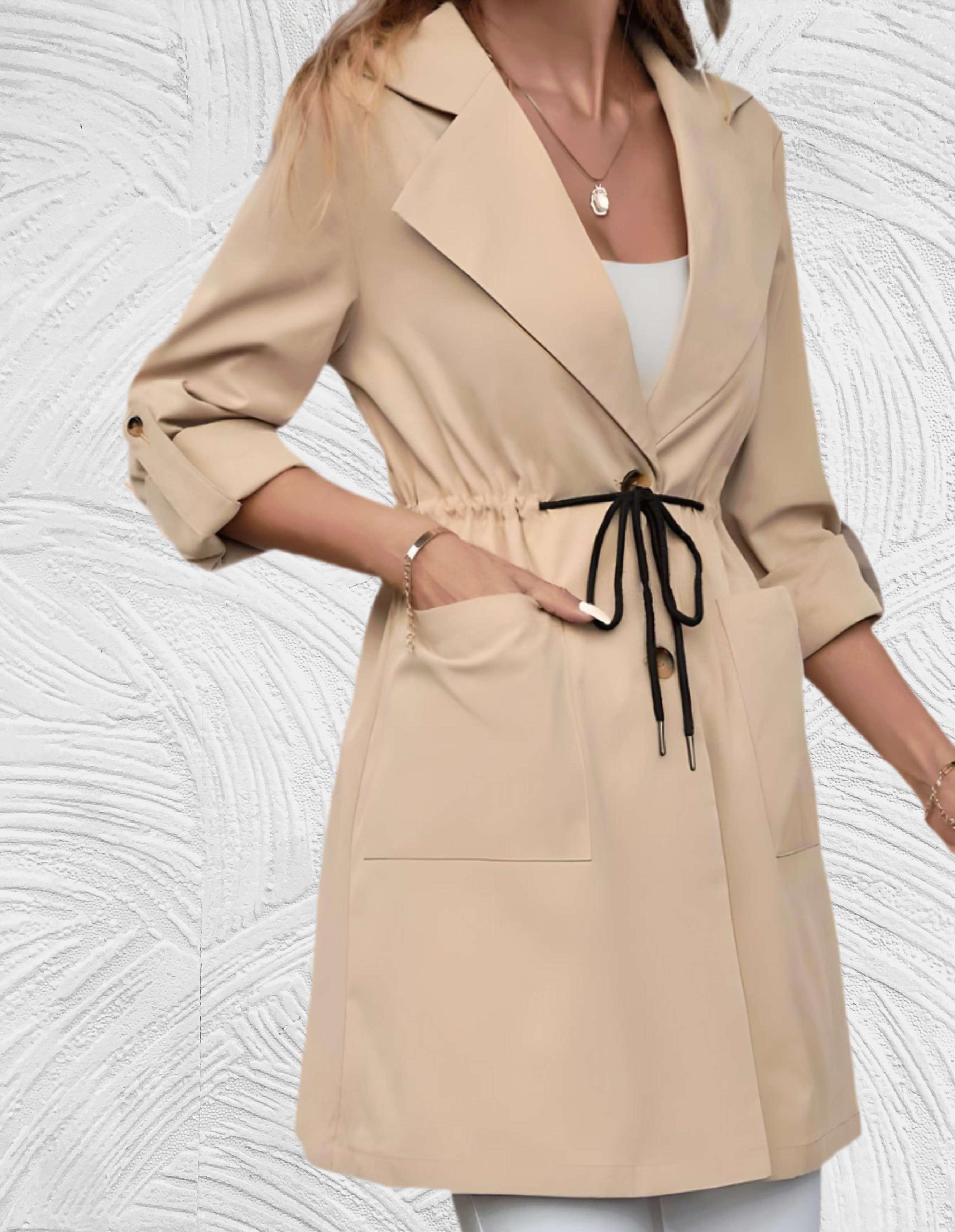 Maribel -Lange trench coat met knopen in beige - Miller-Mode